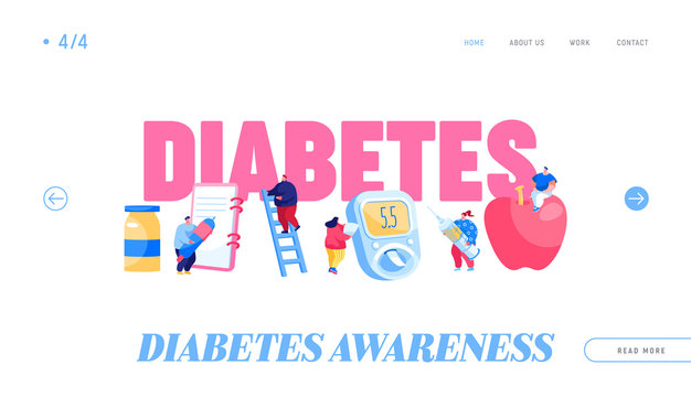Diabetes Sickness Landing Page Template. Tiny People Characters with Checking Equipment for Treatment High Sugar Level in Blood. Glucose Testing Meter, Insulin Control. Cartoon Vector Illustration