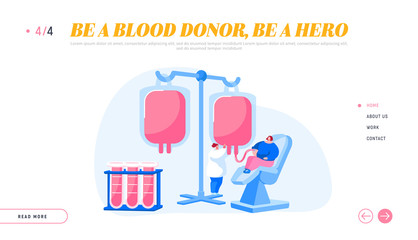 Healthcare, Charity. Transfusion, Donation Laboratory Landing Page Template. Woman Donate Blood, Nurse Character Bring Test Tubes. Female Donor Sit in Medical Chair. Cartoon People Vector Illustration