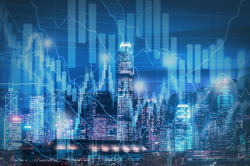 skyline and stock market chart - real estate   concept - obrazy, fototapety, plakaty