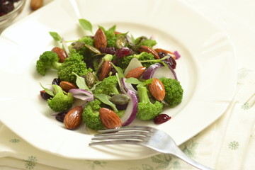 Broccoli salad with red onions, almonds and dried cranberries