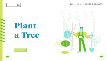 Gardener Planting Tree to Ground in Warm House Landing Page Template. Farmer Man Character Working in Garden Digging and Care of Plants in Greenhouse, Active Hobby or Work Linear Vector Illustration