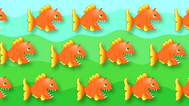 Abstract animated background with painted red fishes, swim and open their mouths with big teeth in the water with green waves imitating paper and a simple drawing.