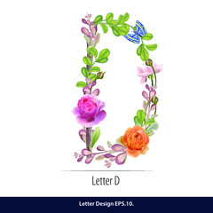 Vector of Floral Watercolor Alphabet. Letter D Made of Flowers. Typographic, Monogram.