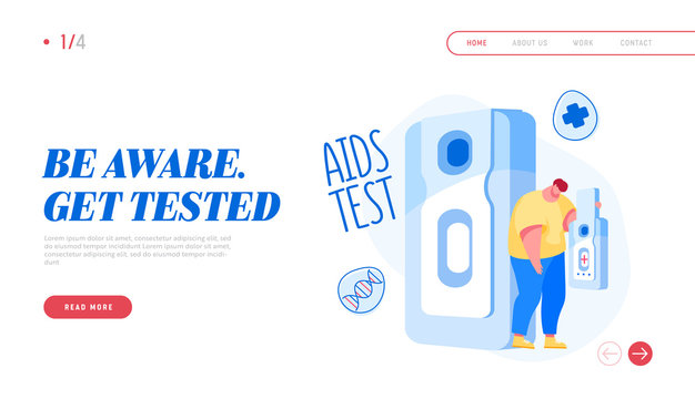 Detection Aids or Hiv Disease Landing Page Template. Tiny Male Character Carry Huge Express Test. Infected Man with Positive Result for Acquired Immune Deficiency Syndrome. Cartoon Vector Illustration