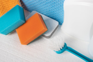 Cleaning of buildings, trade and storage facilities. Sponges, rags, brushes on a white background