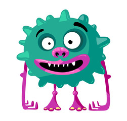Fototapeta premium Cute Monster with Funny Face, Toothy Mouth and Long Arms. Green Germ, Alien or Bacteria with Ball Shaped Body with Pimples Isolated on White Background. Cartoon Vector Illustration, Icon, Clip Art