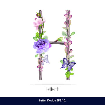 Vector of Floral Watercolor Alphabet. Letter H Made of Flowers. Typographic, Monogram.