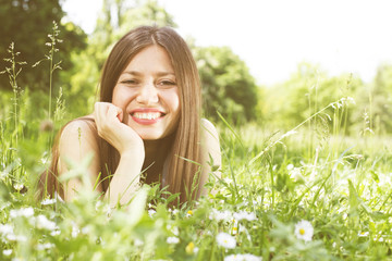 Naklejka na ściany i meble Beautiful Smiling Woman, Enjoy Nature, Relax Outdoor, Spring Happy Portrait