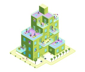 Apartment building exterior with people on balconies stay home and safe, residential house with characters communicating online neighbours, family cooking, girl reading, 3d isometric illustration - 343031649