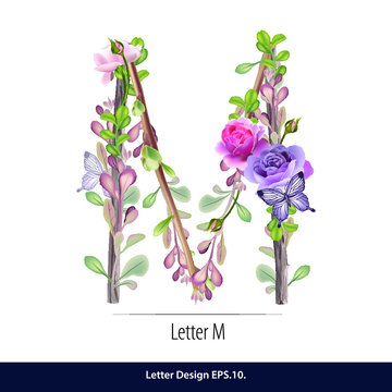 Vector of Floral Watercolor Alphabet. Letter M Made of Flowers. Typographic, Monogram.