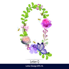 Vector of Floral Watercolor Alphabet. Letter Q Made of Flowers. Typographic, Monogram.