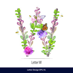Vector of Floral Watercolor Alphabet. Letter W Made of Flowers. Typographic, Monogram.