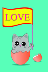 cat with a gift on  green background ,valentine day card