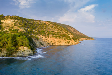 Fototapeta na wymiar Wonderful landscape with сozy bays with crystal clear waters of the Mediterranean Sea. Near Akamas Peninsula National Park, Cyprus.