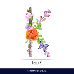 Vector of Floral Watercolor Alphabet. Letter K Made of Flowers. Typographic, Monogram.