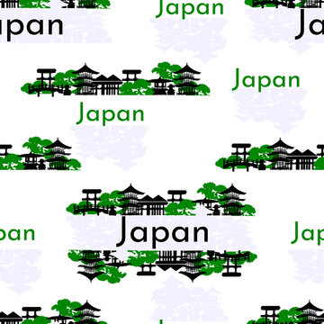Japanese light seamless pattern. Asian houses and pagodas in a flat style on a white background. Vector endless print for fabric and paper.