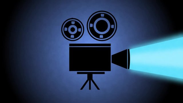 Movie projector with film reel with light. Retro style on blue background. Animated 4k video