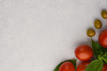 Tomato with basil and olives on white stone background. Vegetables background with copy space. 