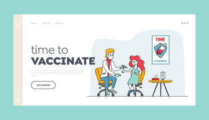 Child Vaccination, Immunization Landing Page Template. Doctor Character Put Injection to Girl, Medic Shoot Medicine in Shoulder. Patient Get Vaccine in Hospital. Linear People Vector Illustration