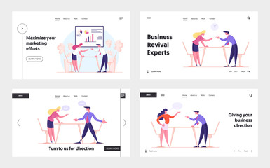 Fight for Leadership, Work Conflict Between Colleagues or Worker Employees Landing Page Template Set. Business Man and Woman Characters Opponents Arguing in Office. Cartoon People Vector Illustration