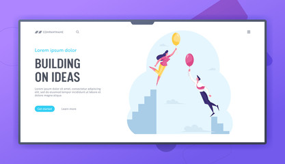 Businesspeople Career Development, Success, Outstanding Persons Uniqueness Landing Page Template. Male and Female Business Characters Flying Up with Air Balloons. Cartoon People Vector Illustration