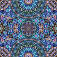 Anti-stress ornament with mandalas and stylized flowers in gold, sapphire, emerald and pink colors. Print for  silk fabric, wallpaper, tapestry in retro style. Indian, damask, arabic, moroccan motifs.