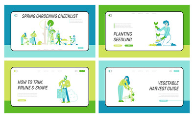 Obraz na płótnie Canvas Farmers, Trimming, Caring of Trees and Plants Landing Page Template Set. Gardeners Characters Planting Work in Garden Harvesting, Digging, Care of Flowers Gardening. Linear People Vector Illustration