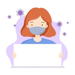 Girl wearing fabric face mask holding empty board with copy space in concept of Covid19 or Coronavirus prevention isolated on white background. Vector flat style