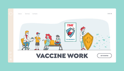 Medical Vaccination Landing Page Template. Doctor Character Holding Huge Shield Protecting Nurse Making Vaccine to Kids Protecting from Viruses, Health Immunization. Linear People Vector Illustration