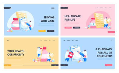 Pharmacy, Disease Treatment in Hospital, Healthcare Medicine Landing Page Template Set. Doctor Pharmacist Characters in Medical Robe with Pills Bottles, Medication Tablets. Cartoon Vector Illustration