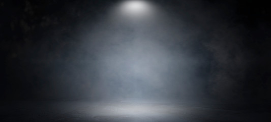 Background of an empty dark and gray studio room, smoke, smog, empty dark scene, neon light,...