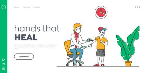 Little Patient Get Vaccine in Hospital Landing Page Template. Child Vaccination, Immunization. Doctor Character Put Injection to Kid. Medic Shoot Medicine in Boy Shoulder. Linear Vector Illustration