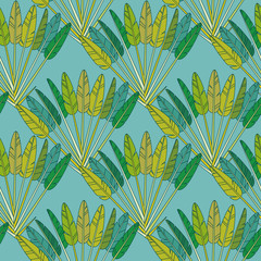 Green Tropical Palm Leaves and Branches Fan Geometric Seamless Pattern, Botanical Tropic Print on Blue Background. Paper or Textile Rainforest Decorative Wallpaper Ornament. Vector Illustration