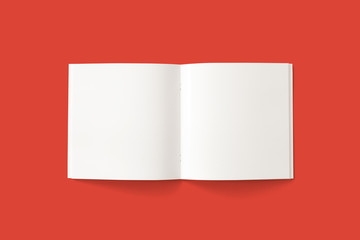 Square Magazine isolated on red with blank opened pages. 3d illustration.