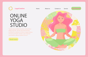 Woman meditating in lotus pose on the tropical background. Yoga school, open yoga studio, online class learn more about practice concept. Website homepage landing web page template.