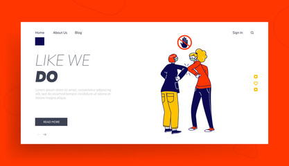 Obraz na płótnie Canvas Characters Greeting Each Other with Elbows Instead of Handshake Landing Page Template. Friends or Colleagues Non-contact Greet During Covid19, Social Distancing. Linear People Vector Illustration