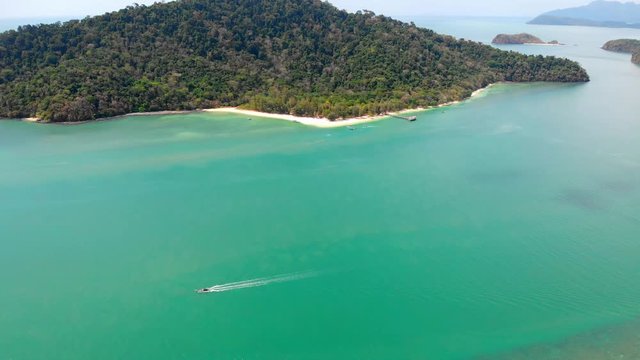 Aerial of Langkawi beach island of the coast of Langkawi in Malaysia. Tropical summer tourist destination