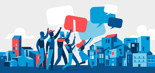 Persone che protestano nelle strade della città. Folla di giovani in dimostrazione contro violenza, inquinamento, discriminazione, violazione dei diritti umani