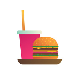 Burger menu with hamburger and soda drink icon. Street food lunch and take away fast food menu. Delicious burger or sandwich from bun, cheese, meat cutlet, tomato and lettuce vector illustration.
