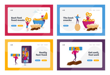 People Eating Snacks Fast Food Landing Page Template Set. Tiny Characters Enjoying Dry Appetizers Pop Corn, Pretzel Biscuits Chips Sweet Bars and Donuts in Vending Machine. Cartoon Vector Illustration