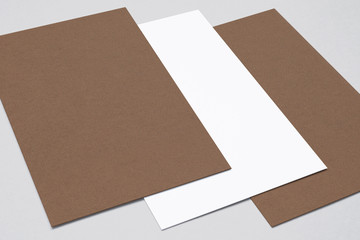 Close view of carton and white business cards, flyer, poster isolated on grey as template for design presentation
