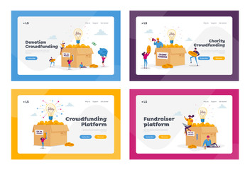 Crowdfunding Landing Page Template Set. Tiny People Insert Gold Coin to Huge Box with Glowing Bulb. Investor Characters Collect Money for Startup Business Idea Development. Cartoon Vector Illustration