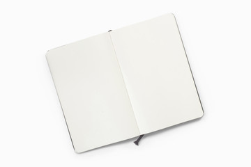 Opened sketchbook with blank pages isolated on white as temoplate for your artwork presentation or separate object for your library materials.
