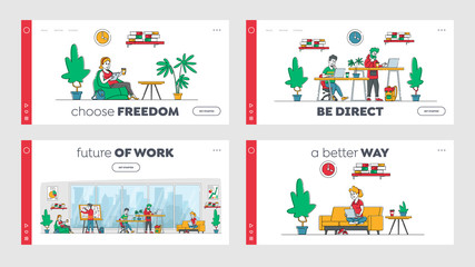 Remote Freelance Work, Coworking Landing Page Template Set. Freelancer Sit in Armchair with Coffee Cup Working Distant on Tablet. Creative Coworkers Characters Team. Linear People Vector Illustration