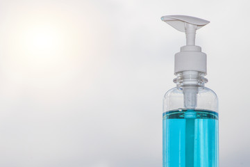 Coronavirus hand sanitizer gel to wash hands for flu virus prevention. Alcohol based antimicrobial disinfectant product for airport, hospital, healthcare and home panoramic banner background.