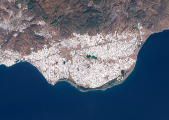 Satellite image of intensive farming with plastic greenhouses near Almeria, Spain. Contains modified Copernicus Sentinel data 2019. - 343042609