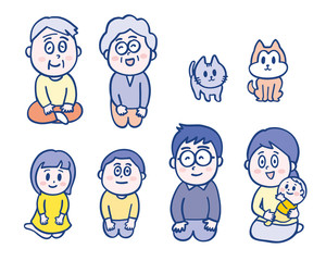 家族だんらん_一人ずつ_笑顔_青_Family,One by one,happy,blue