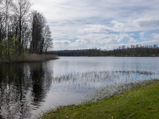 sunny spring day landscape, bright blue sky with white clouds, reflected in the lake water
