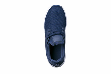 Sport shoes. Blue sneaker made of fabric with leather inserts top view.