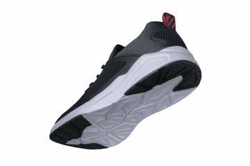 Sport shoes. Black fabric sneaker with white and black sole ..